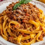 Piatto di tagliatelle al ragù preparato in 6 passaggi