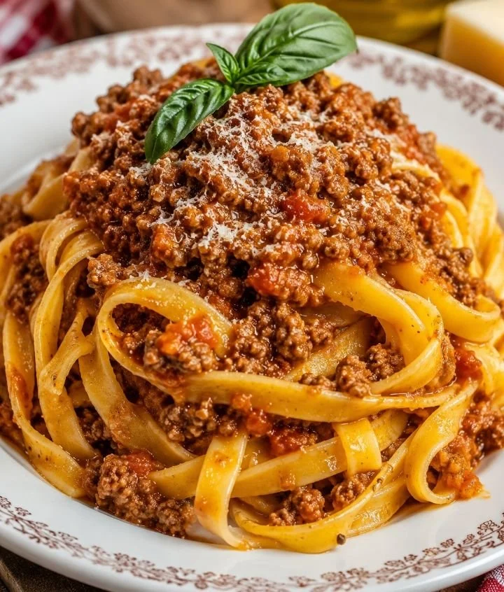 Piatto di tagliatelle al ragù preparato in 6 passaggi