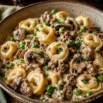 Tortellini alla Boscaiola con funghi e panna in una ciotola.