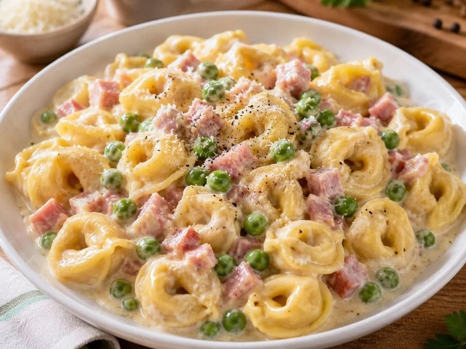 Tortellini Panna Prosciutto e Piselli impiattati con crema e piselli freschi