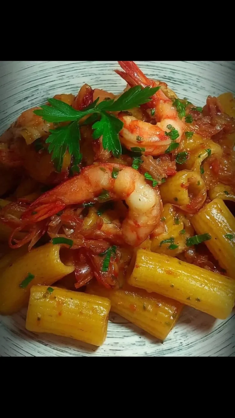 Tortiglioni con code di gamberoni, piatto di pasta delizioso e invitante.